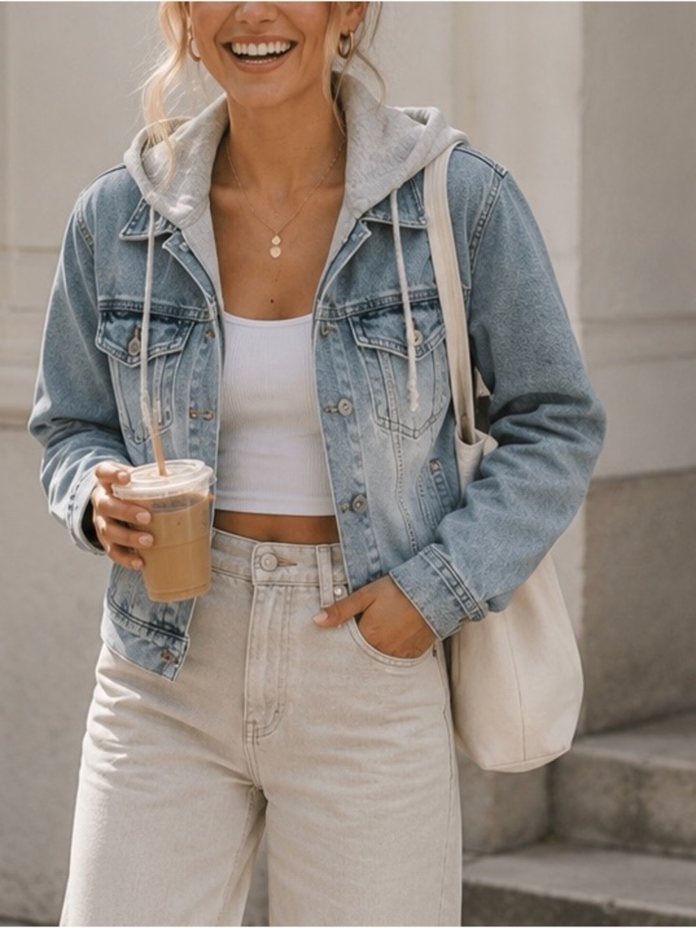 Hollister Light Blue Washed Denim Jacket with Heather Gray Hood